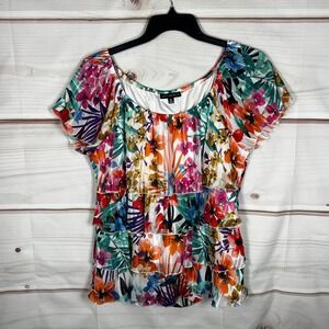 Sara Michelle Tiered Blouse Women XL Multicolor Floral Short Sleeve Elastic Neck